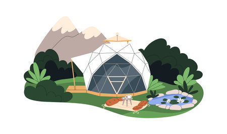 Bubble house, hotel in nature. Glamping, glam camping at outdoor campsite in mountains. Glass tent with recreation area, summer landscape. Flat vector illustration isolated on white backgroundのイラスト素材
