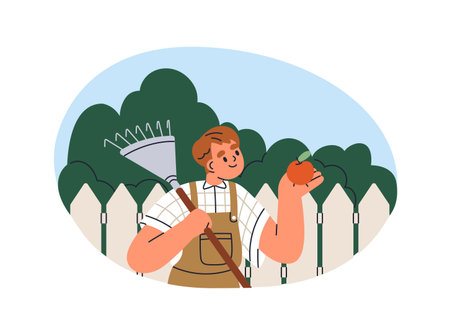 Boy kid with rake tool and apple in hand. Child farmer in garden, orchard during farm work in countryside. Summer in country, rural nature. Flat vector illustration isolated on white backgroundのイラスト素材