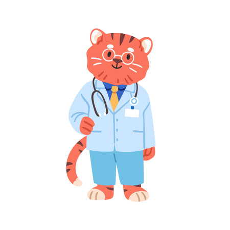 Jungle animal doctor, cute tiger, hospital character. Medic in uniform. Pediatrician, physician doc, vet healthcare professional with stethoscope. Flat vector illustration isolated on white backgroundのイラスト素材