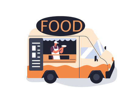 Food truck, street van, auto trailer with outdoor cafe. Caravan for festival catering. Mobile vehicle, wagon on wheels, chef cooking snacks. Flat vector illustration isolated on white backgroundのイラスト素材