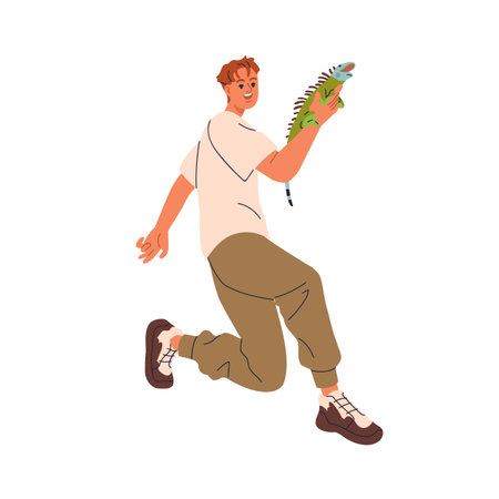 Happy man with iguana, exotic pet owner. Excited smiling person holding tropical lizard in hand, arm. Positive guy with reptile animal. Flat vector illustration isolated on white backgroundのイラスト素材