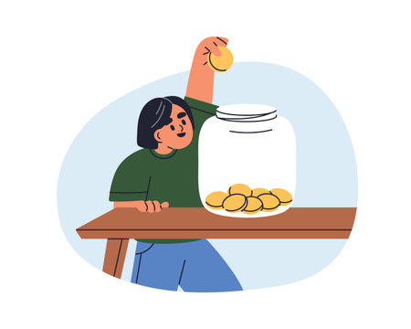 Kid saving money in jar. Girl child collecting coins, cash, finance for future goal, plan. Financial literacy, children investment concept. Flat vector illustration isolated on white backgroundのイラスト素材