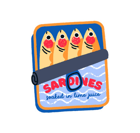 Open sardine tin with sea food, fish. Mediterranean seafood preserved in doodle retro metal packaging, can. Canned snack, ocean nutrition. Flat vector illustration isolated on white backgroundのイラスト素材