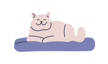 Cute happy cat lying, relaxing on pet bed, cushion. Home feline animal, kitty resting on cozy pillow, smiling and enjoying relaxation, calm rest. Flat vector illustration isolated on white backgroundのイラスト素材