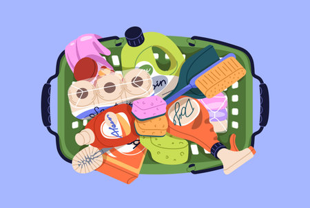 Shopping basket full of cleaning supplies, detergents, brushes, sponges, washing powder. Domestic purchases, chemicals in bottles, household products, goods, top view. Flat vector illustrationのイラスト素材