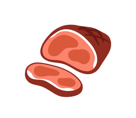 Meat, beef slice. Fresh red raw cut chopped piece of steak. Protein food for cooking, dinner meal. Animal produce, nutrition product. Flat vector illustration isolated on white backgroundのイラスト素材