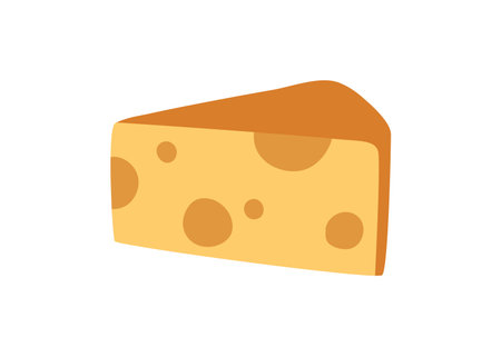 Cheese with holes, Swiss dairy produce icon. Emmental wedge piece, cut chunk, slice. Gourmet snack, porous product, triangle delicatessen. Flat vector illustration isolated on white backgroundのイラスト素材