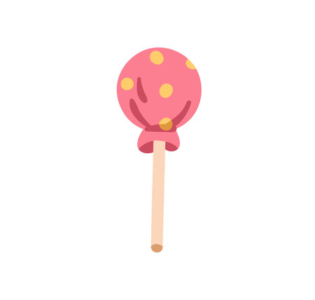 Lollipop, sweet candy on stick. Round candy, lollypop dessert in foil wrapper. Hard sugar treat, ball caramel, yummy snack, lolly confectionery. Flat vector illustration isolated on white backgroundのイラスト素材