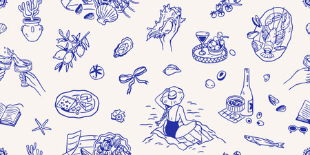 Dolce vita pattern, seamless design in doodle style. Italian summer vacation, endless background....
