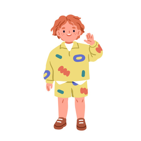 Kid waving hand. Happy redhead boy smiling with friendly greeting gesture, saying hi. Cute child with ginger hair, freckles, summer outfit. Flat vector illustration isolated on white backgroundのイラスト素材