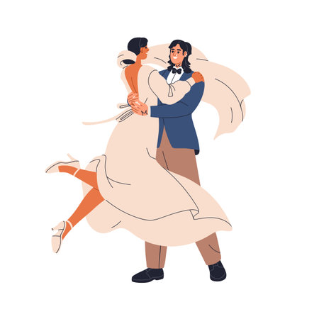 Bride and groom on wedding day. Happy newlywed couple in love. Husband lifting wife, hugging. Romantic celebration with flowing dress, veil. Flat vector illustration isolated on white backgroundのイラスト素材