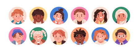Kid avatars set. Cute kindergarten children faces smiling in round frames, circles. Head portraits, user profiles, preschool boys and girls. Flat vector illustrations isolated on white backgroundのイラスト素材