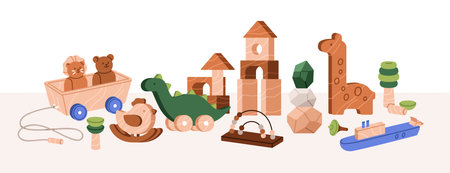 Wooden toys, Montessori playthings for baby game. Wood building blocks, sorter, animals, for kids fun and education. Kindergarten playroom banner. Flat vector illustration isolated on white backgroundのイラスト素材
