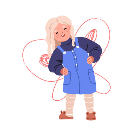 Girl with drawn wings behind. Cute child smiling, pretending butterfly, chalk painting, costume. Happy funny playful kid, creative imagination. Flat vector illustration isolated on white backgroundのイラスト素材