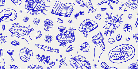 Dolce vita seamless pattern. Italian summer holiday, endless print design with sea food, seashells,...
