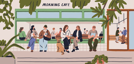 Outdoor cafe terrace in morning. People sitting and drinking at tables outside modern urban coffee shop, coffeehouse. Friends meeting, talking during cozy breakfast on street. Flat vector illustrationのイラスト素材
