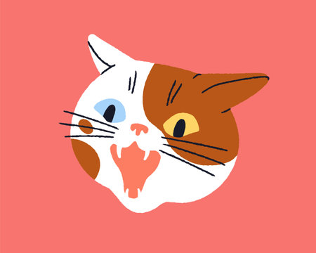 Angry cat face with open mouth. Fierce feline animal head hissing with teeth, warning, comic aggressive emotion, surprised face expression. Flat vector illustration isolated on white backgroundのイラスト素材