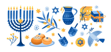 Hanukkah festival symbols set. Menorah candles, David star, dreidels, dove, festive gifts and coins. Traditional Jewish holiday design elements. Flat vector illustration isolated on white backgroundのイラスト素材