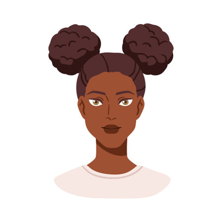Black woman face avatar. Beautiful young female head portrait. African-American girl with hair buns, modern funny hairstyle, hairdo, user profile. Flat vector illustration isolated on white backgroundのイラスト素材
