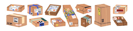 Cardboard boxes, parcels set. Brown carton packages with labels, tapes, stickers, strings and...