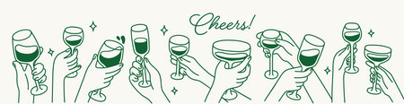 Hands holding wineglasses. Cheers, festive banner with arms stretched and raised up with wine glasses for toast, holiday celebration. Celebrating with alcohol drinks. Flat vector illustrationのイラスト素材