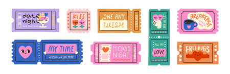 Love tickets set. Romantic card, coupon designs for couple play, Valentine day game. Funny vouchers, gifts with cute hearts, kisses, hugs, date. Flat vector illustrations isolated on white backgroundのイラスト素材