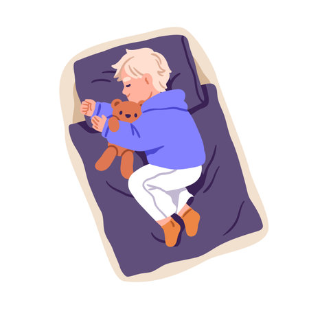 Cute boy sleeping with plush toy, teddy bear. Little kid lying, dreaming in bed. Child asleep in warm clothing, pajamas, top view. Night rest. Flat vector illustration isolated on white backgroundのイラスト素材