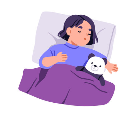 Sleeping kid. Cute girl asleep in bed. Little child dreaming with plush toy. Preschooler lying with teddy bear under cozy duvet. Night bedtime. Flat vector illustration isolated on white backgroundのイラスト素材