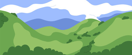 Nature landscape panorama. Green hills and mountains in grass, calm serene valley, clouds in sky. Peaceful countryside scenery, open environment background. Flat vector illustrationのイラスト素材