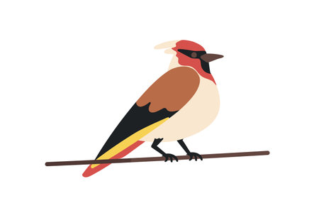 Goldfinch perched on wire, electric power line. Small European songbird, carduelis sitting on string. Bird in profile on cable in nature. Flat vector illustration isolated on white backgroundのイラスト素材