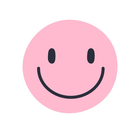 Smiling face emoji, round head emoticon. Cute round character with wide smile, joyful expression, cheerful mood, happy eyes, optimistic emotion. Flat vector illustration isolated on white backgroundのイラスト素材