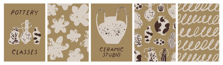 Ceramics, posters set. Ceramic craft and pottery, handcraft card designs in modern style. Hand-drawn crockery, vases, rough textures, abstract patterns, doodles, scribbles. Flat vector illustrationのイラスト素材