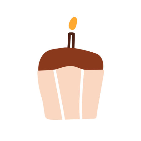 Cupcake, holiday food. Sweet festive chocolate dessert decorated with candle for birthday...
