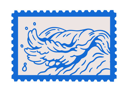 Postal stamp with sea wave. Hand-drawn ocean, marine foam, doodle scribble line art in perforated...