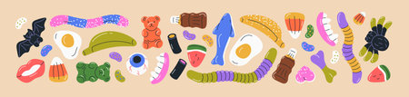 Gummy candies, jelly sweets set. Chewy fruit gums, marmalades of bear, worm, teeth, egg and beans shapes. Sugar food, gelatin snacks. Cute chewable confectionery. Isolated flat vector illustrationsのイラスト素材