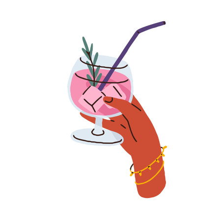 Cold cocktail in hand. Holding iced summer drink in wineglass, glass with straw. Cool refreshing beverage, lemonade with rosemary in goblet. Flat vector illustration isolated on white backgroundのイラスト素材
