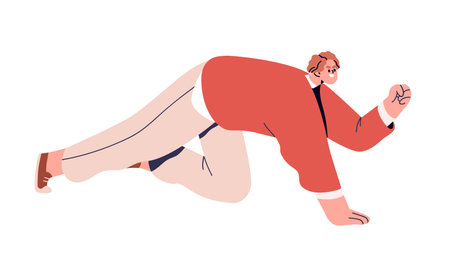 Man crawling forward. Determined office worker in motion struggling, fighting for career. Ambitious employee challenge, aiming to business goal. Flat vector illustration isolated on white backgroundのイラスト素材