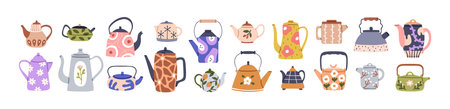 Cute teapots collection. Cozy tea pots, kettles, kitchenware, crockery designs with floral prints, patterns. Teakettles in modern vintage style. Flat vector illustration isolated on white backgroundのイラスト素材
