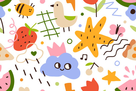 Cute doodle pattern, seamless print. Endless background design with funny childish scribble drawings, creative kids elements. Childrens texture for textile and wrapping. Flat vector illustrationのイラスト素材
