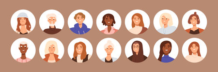 Circle avatars of different people. Head portraits set. Diverse men and women faces. Round user profiles of various race, age. Young and old characters collection. Isolated flat vector illustrationsのイラスト素材