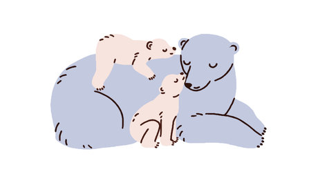 Polar bears family. Cute wild animals, mother and children lying together. Mom and cubs babies from North Pole. Mommy and little kids love. Flat vector illustration isolated on white backgroundのイラスト素材
