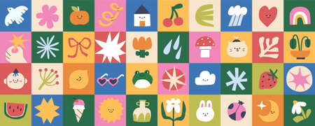 Abstract square icons pattern design. Cute kawaii elements in colorful geometric grid, summer...