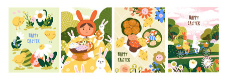 Cute Happy Easter cards designs set. Greeting postcards with fairytale characters, painted eggs,...