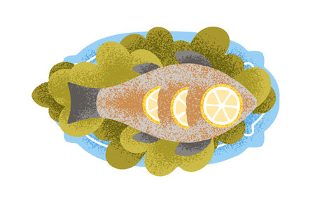 Whole fish dish with lemon slices and herbs served on plate. Top view, seafood meal. Sea food,...