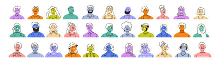 Set of colored abstract avatars, head portraits of diverse people. Happy smiling faces of men and...