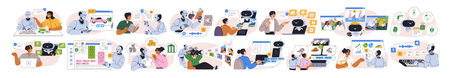 AI automation, digital technology set. Robot, chatbot assistants for analytics, generative content....
