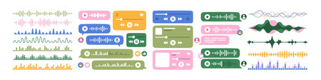 Sound waves, voice messages and audio tracks set. Music play and pause, soundtrack waveforms....