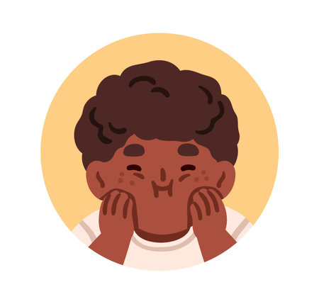 Cute funny kid, round avatar, circle user profile. Black boy child, head portrait with fun grimace, comic face expression, playful emotion. Flat vector illustration isolated on white backgroundのイラスト素材
