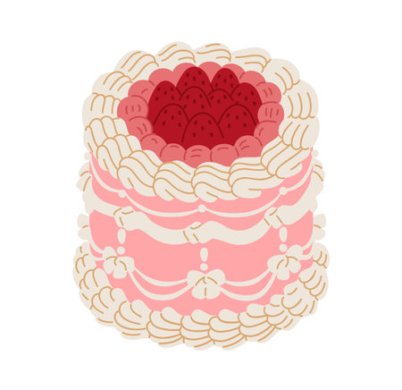 Cake in modern vintage style. Coquette pink dessert with whipped cream decorations. Sweet birthday...