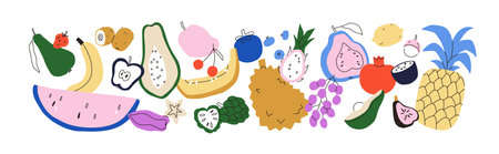 Exotic tropical fruits, horizontal composition. Healthy natural sweet food, doodle banana, watermelon piece, melon slice, pineapple, apple half. Flat vector illustration isolated on white backgroundのイラスト素材